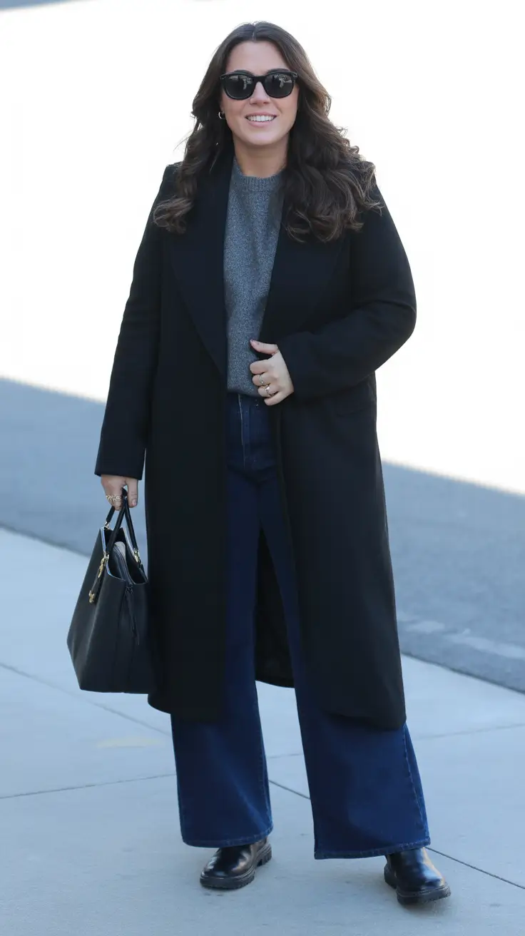 Winter Capsule Wardrobe for Women 2025 - 2026 - Black Coat, Grey Knit, and Indigo Denim