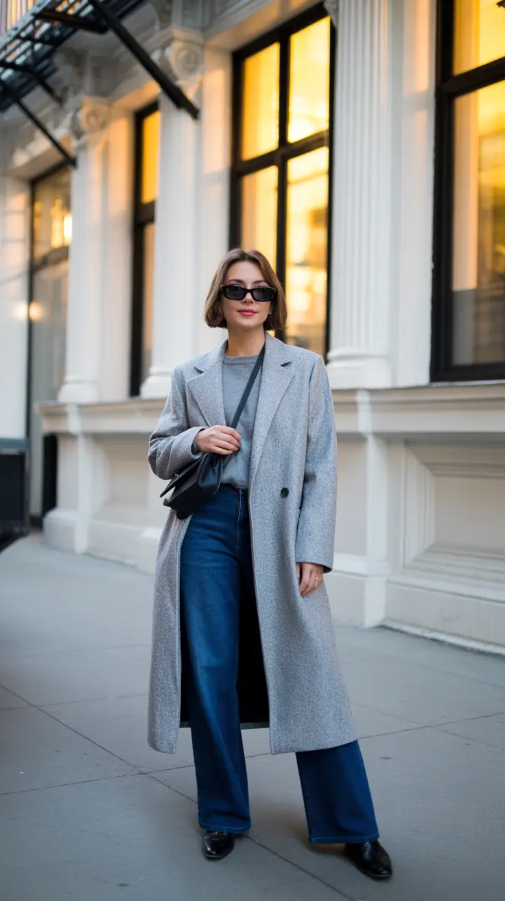 Winter Capsule Wardrobe for Women 2025 - 2026 - Soft Grey Coat With Tonal Knit And Blue Denim