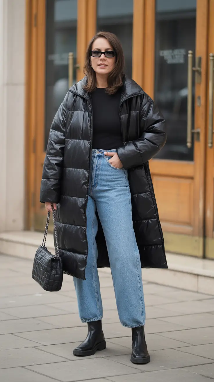 winter capsule wardrobe - Long Puffer Over Vintage Denim - Everyday Casual
