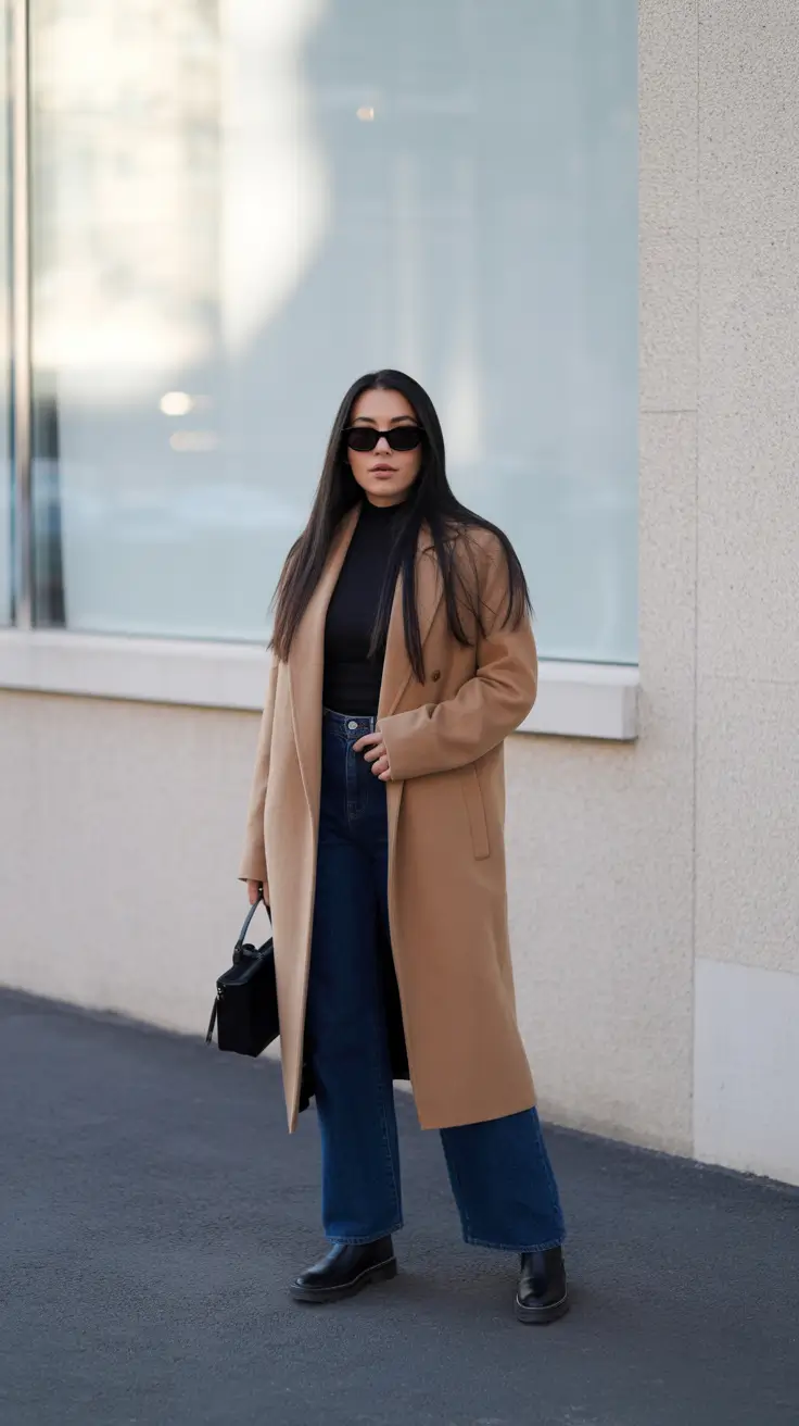 Winter Capsule Wardrobe for Women 2025 - 2026 - Camel Coat With Dark Denim And Jet-Black Knit