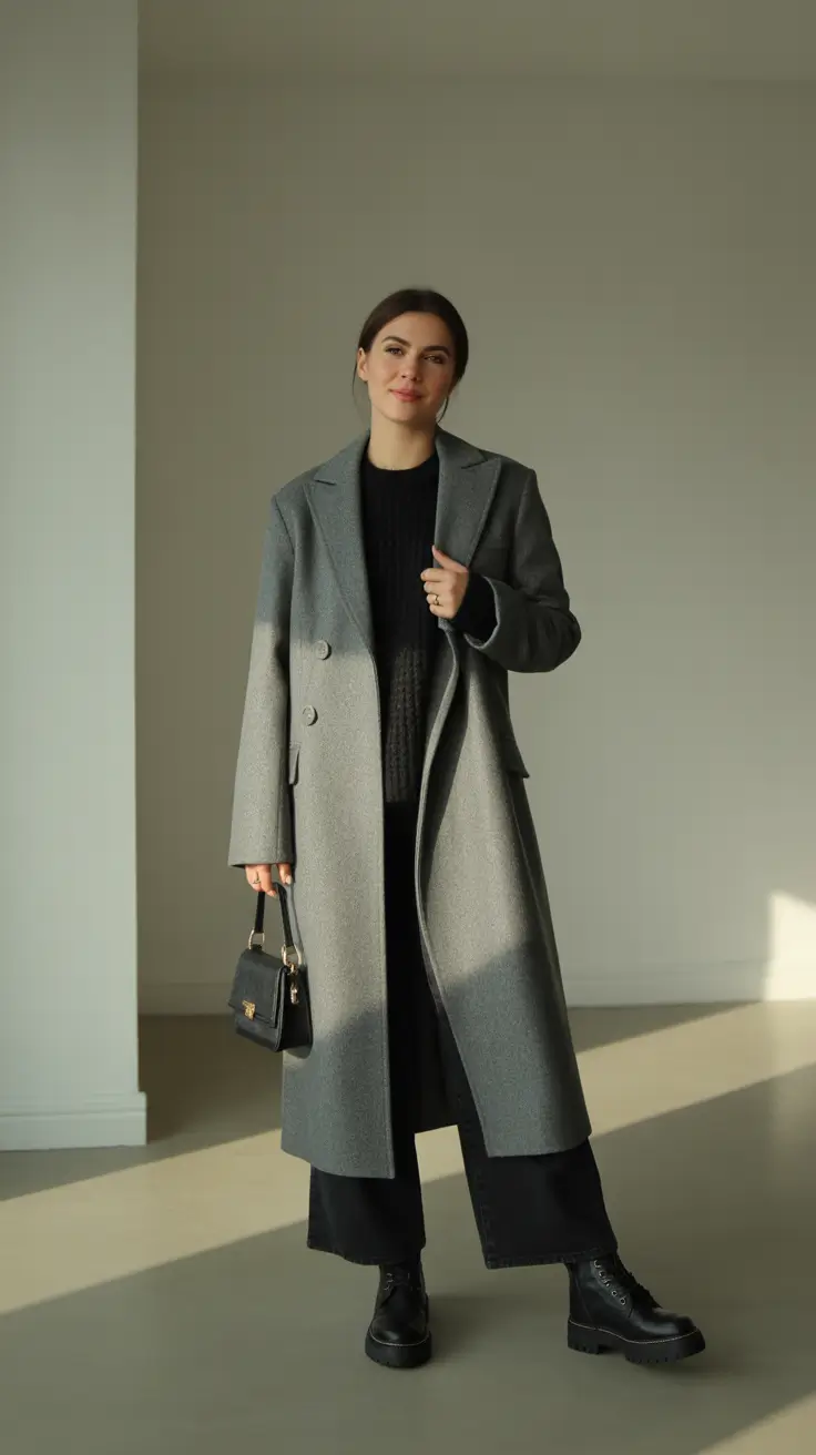 Winter Capsule Wardrobe for Women 2025 - 2026 - Charcoal Longline Coat With Utility Boots