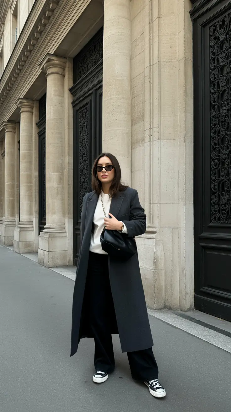 Fashion Inspo for Winter 2025 - 2026 Outfits - Warm City Minimalism - Charcoal Coat With Laid-Back Sneakers