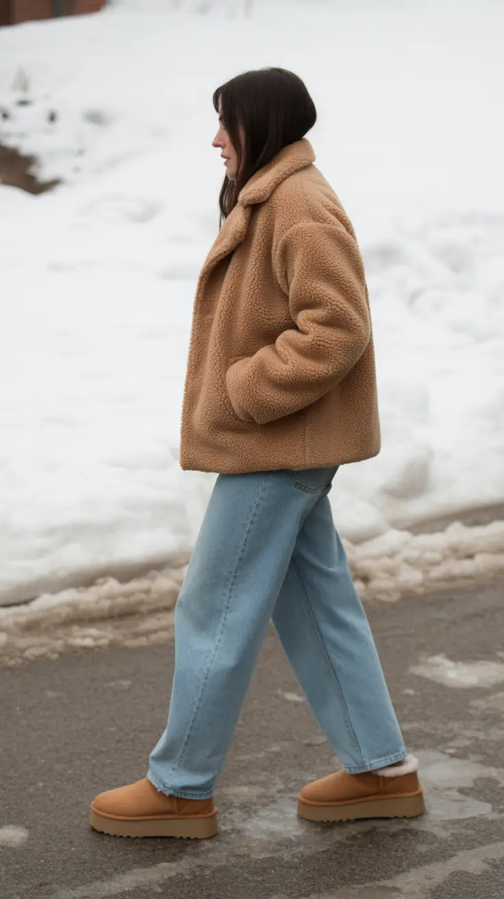 winter fashion inspo outfits - Teddy bomber with light denim and cozy platforms