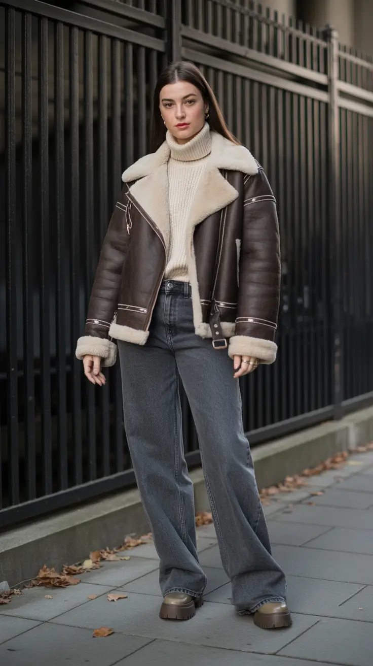 Fashion Inspo for Winter 2025 - 2026 Outfits - Shearling Aviator Energy - Cream Turtleneck, Washed Denim, Chunky Clogs