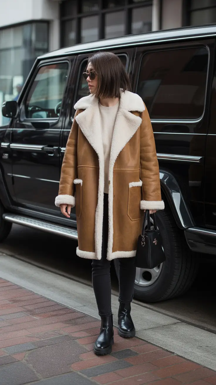 Fashion Inspo for Winter 2025 - 2026 Outfits - City Shearling Coat - Camel And Cream With Skinny Base