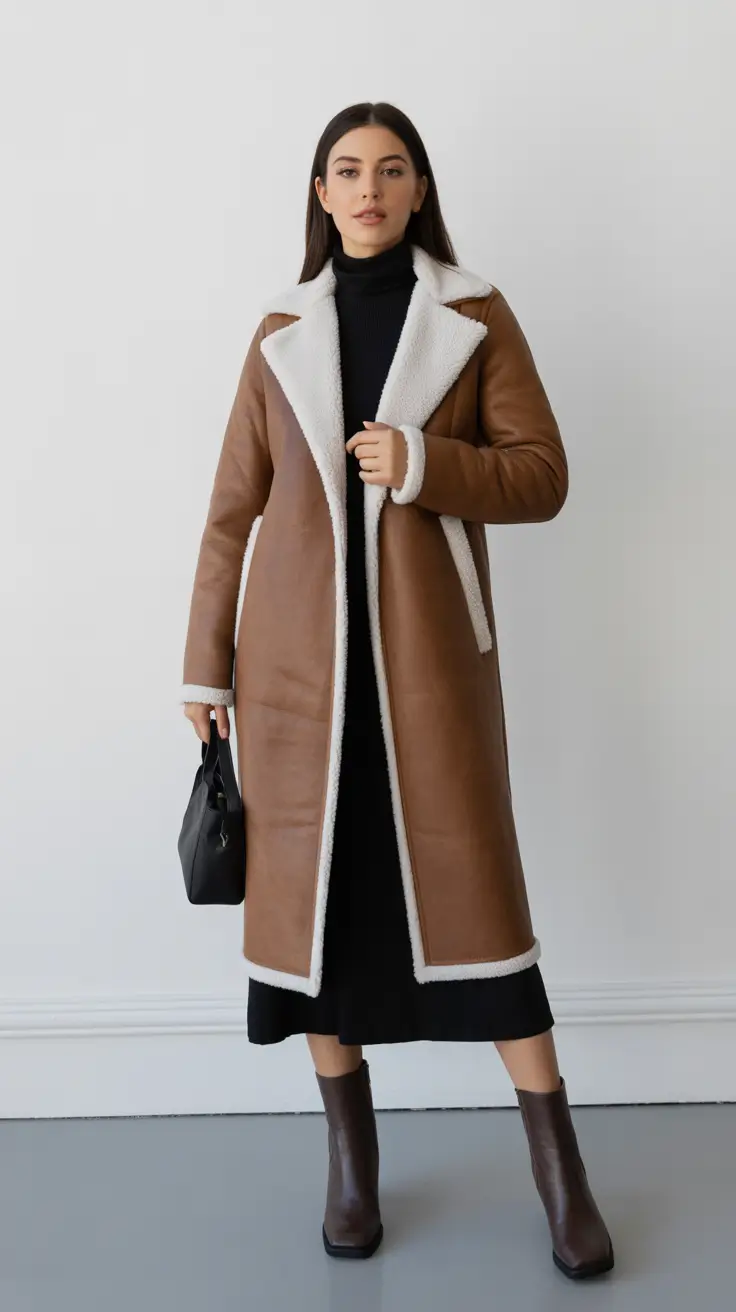 Fashion Inspo for Winter 2025 - 2026 Outfits - Long Shearling Elegance - Black Turtleneck Dress And Square-Toe Boots