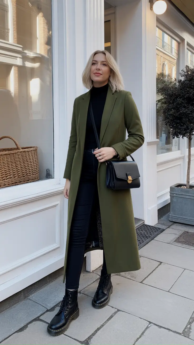 Fashion Inspo for Winter 2025 - 2026 Outfits - Olive Column - Tailored Coat, All-Black Base, Combat Boots