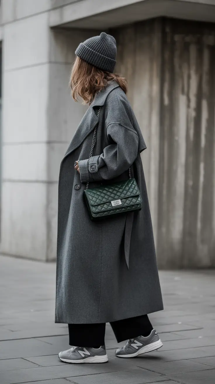 Fashion Inspo for Winter 2025 - 2026 Outfits - Tonal Grey Street - Oversized Coat, Beanie And Retro Runners