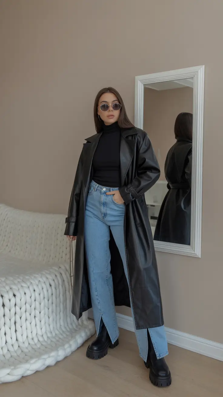 winter fashion inspo outfits - Glossy trench with split-hem denim and stompers