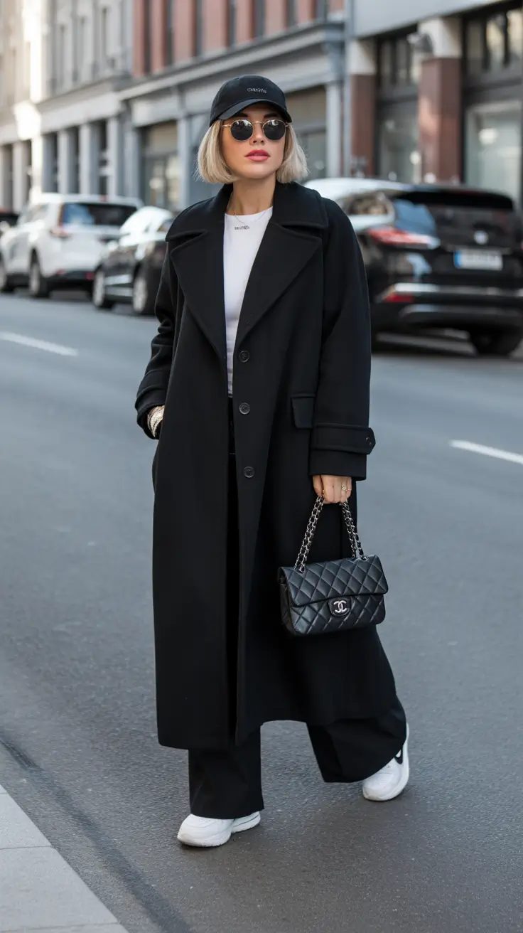 winter fashion inspo outfits - Sporty polish with a black coat and white sneakers