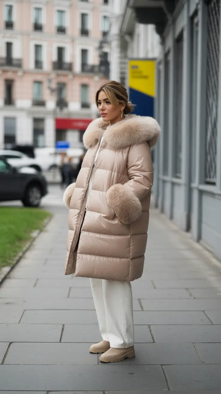 Fashion Inspo for Winter 2025 - 2026 Outfits - Luxe Puffer Glam - Champagne Sheen With Faux-Fur Drama