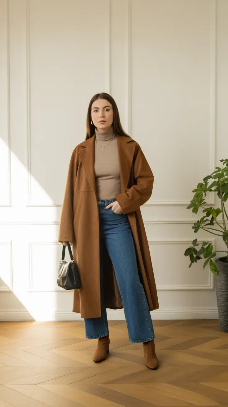winter fashion inspo outfits - Caramel coat with taupe turtleneck and denim