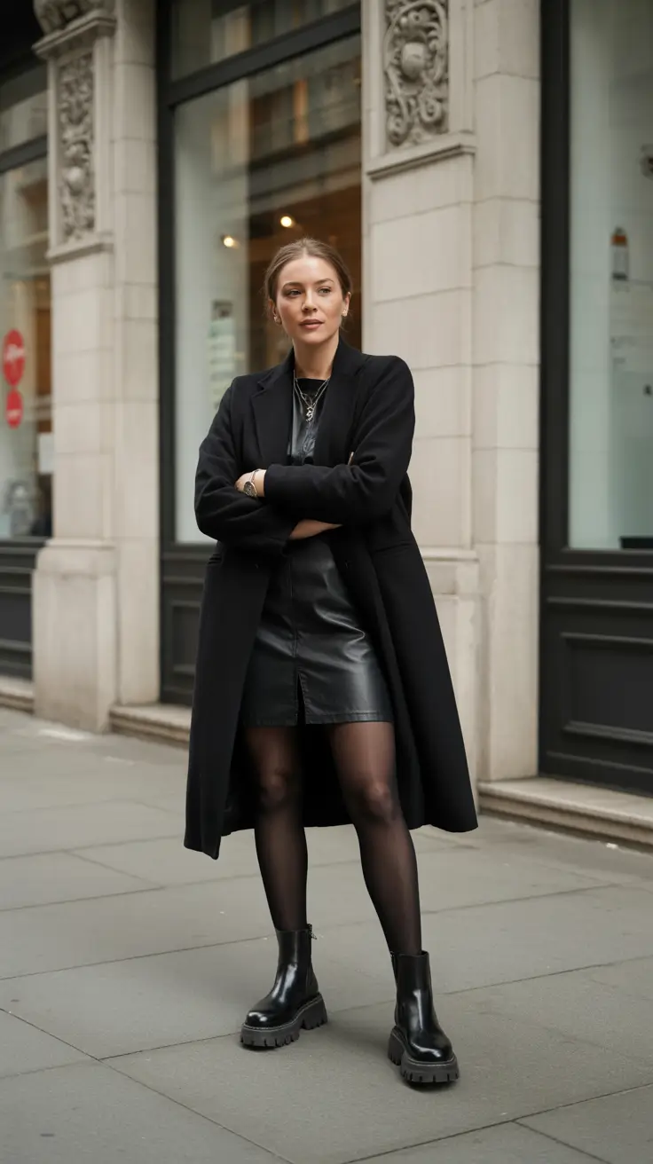 winter fashion inspo outfits - Modern mini with a long coat and rugged boots