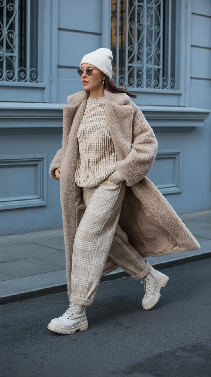 Fashion Inspo for Winter 2025 - 2026 Outfits - Cozy Neutrals - Teddy Coat, Knit Layers And Rugged Boots