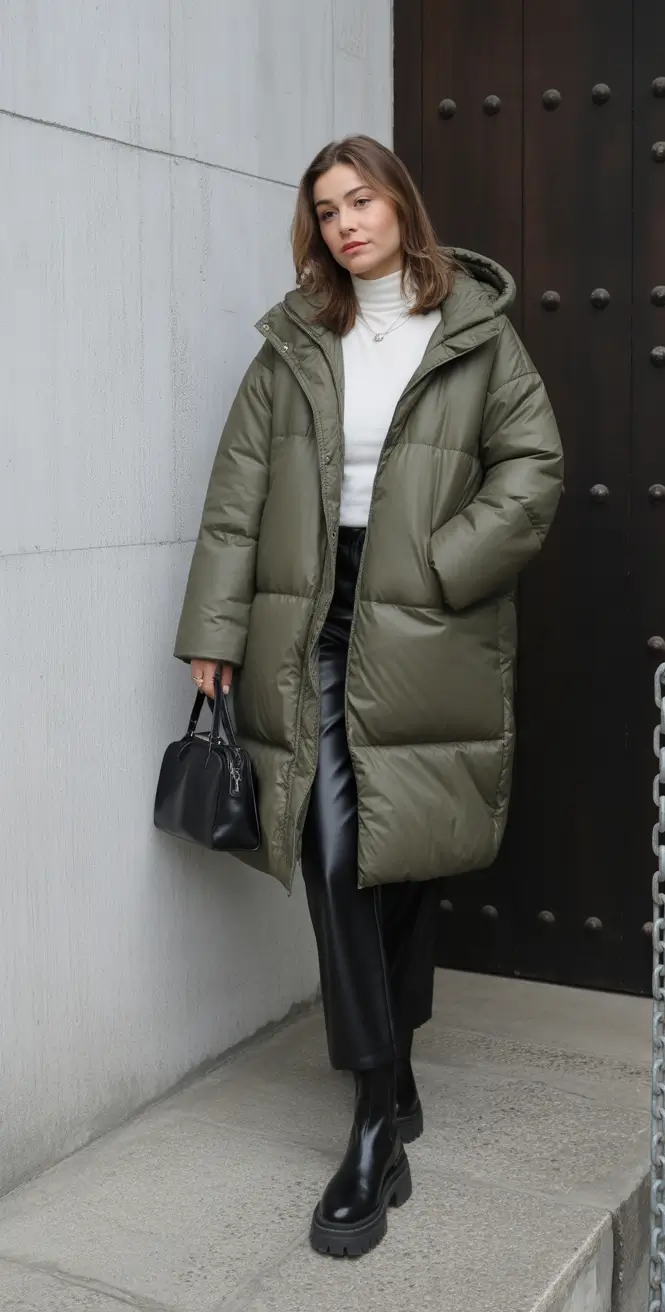 Fashion Inspo for Winter 2025 - 2026 Outfits - Utility Meets Polish - Olive Puffer With Leather Midi