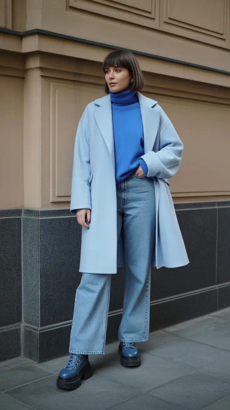 Fashion Inspo for Winter 2025 - 2026 Outfits - Icy Blues - Oversized Coat, Cobalt Knit And Easy Denim