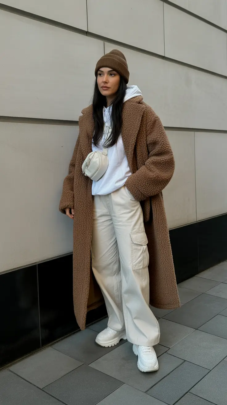winter fashion inspo outfits - Cocoa teddy with cream cargo comfort