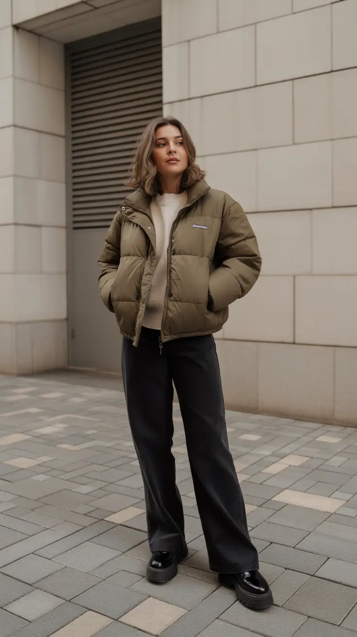 winter fashion inspo outfits - City puffer minimalism in olive