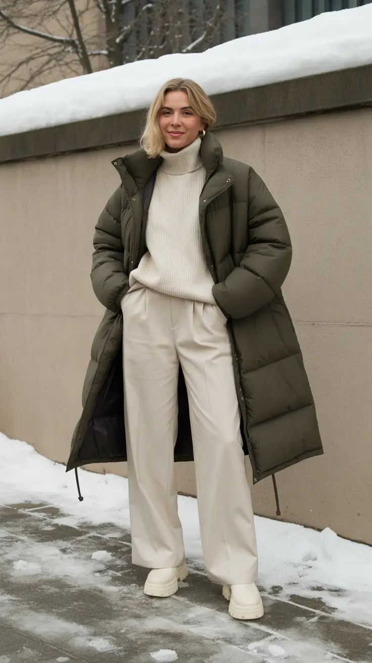 winter fashion inspo outfits - Longline puffer with winter whites