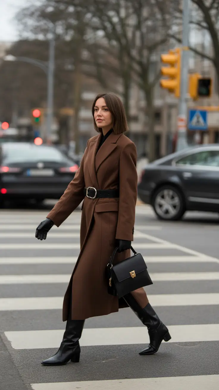 Winter Fashion Outfits 2025 2026 Trends Guide - Chocolate Belted Coat With City-Black Layers