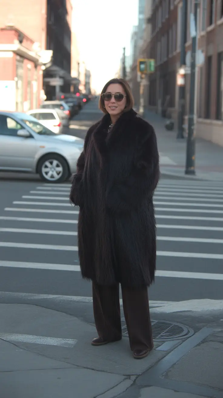 Winter Fashion Outfits 2025 / 2026 Trends Guide - Midnight Faux Fur Maxi With Cocoa Tailoring