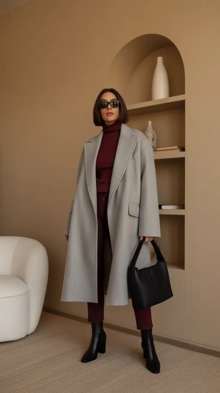 Winter Fashion Outfits 2025 / 2026 Trends Guide - Burgundy Monochrome Layered Under Soft Gray
