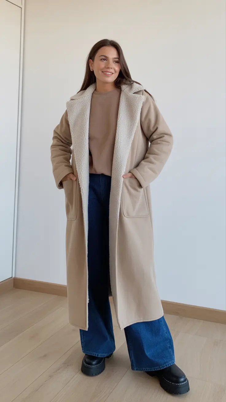 Winter Fashion Outfits 2025/2026 Trends Guide - Shearling-Lined Camel Coat With Wide-Leg Denim