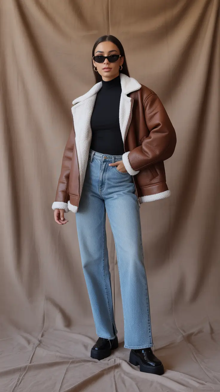 Winter Fashion Outfits 2025 2026 Trends Guide - Shearling-Lined Aviator, Black Turtleneck Balance