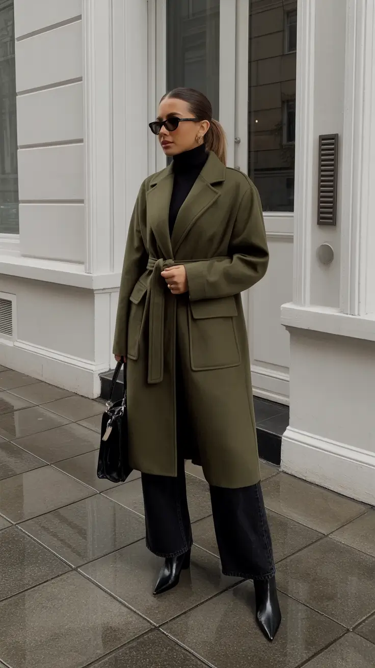 Winter Fashion Outfits 2025 2026 Trends Guide - Olive Wrap Coat With Sharp Boots