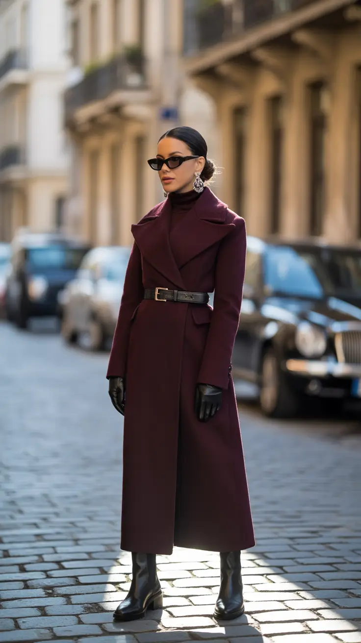 Winter Fashion Outfits 2025 2026 Trends Guide - Merlot Coat, Belted and Sharp