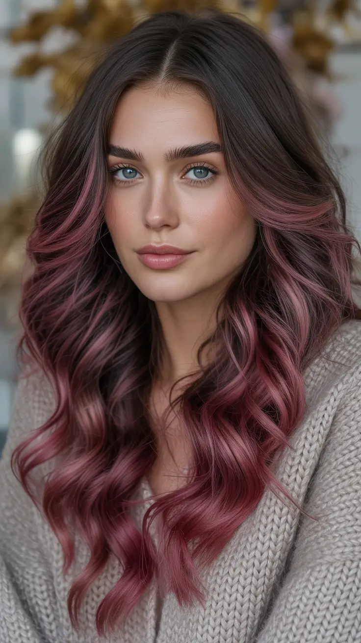 Chic Winter 2025-2026 Hair Color Inspiration - Smoky Rose Balayage on Deep Brunette