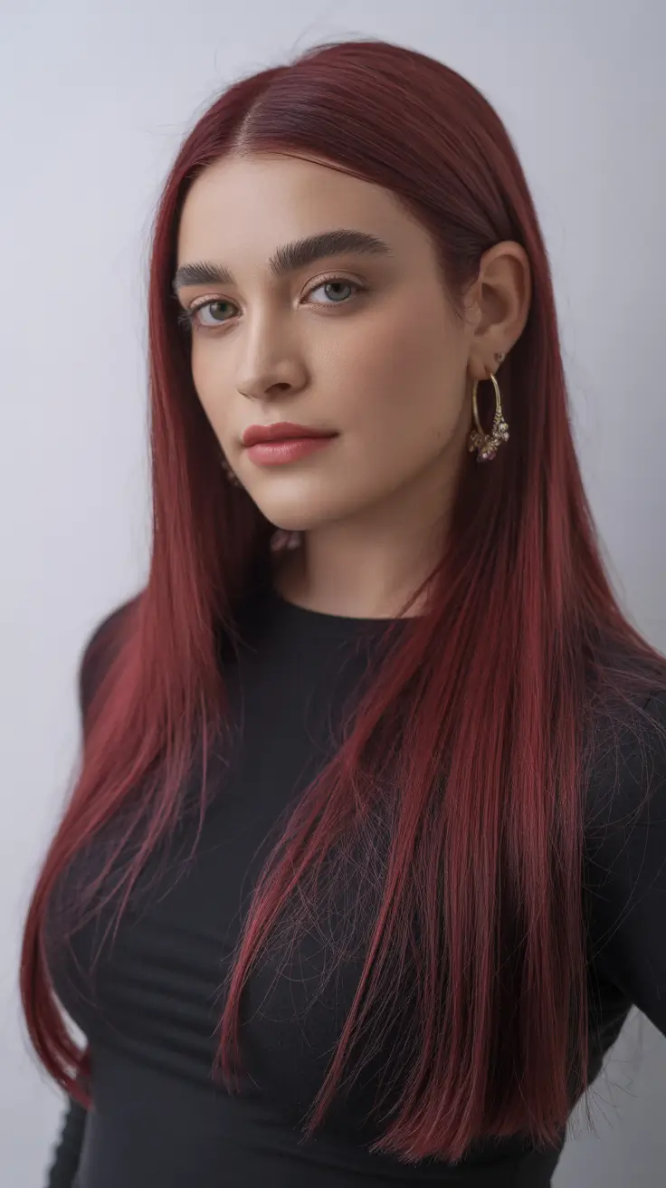 Chic Winter 2025–2026 Hair Color Inspiration - Glossy Cranberry Lengths With Glass-Hair Finish