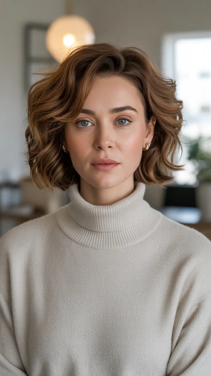 Chic Winter 2025-2026 Hair Color Inspiration - Chestnut Short Bob with Lived-In Waves