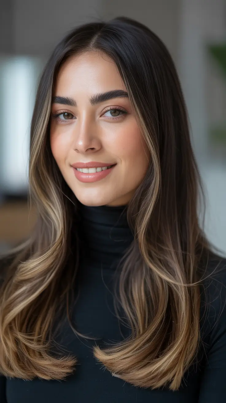 Chic Winter 2025–2026 Hair Color Inspiration - Subtle Walnut Brunette With Latte Money Piece