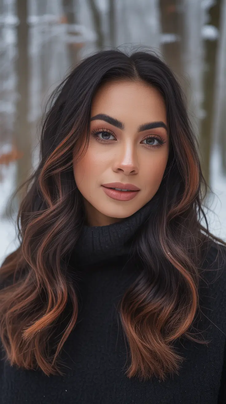 Chic Winter 2025–2026 Hair Color Inspiration - Cinnamon-Ribbon Money Piece on Espresso Waves