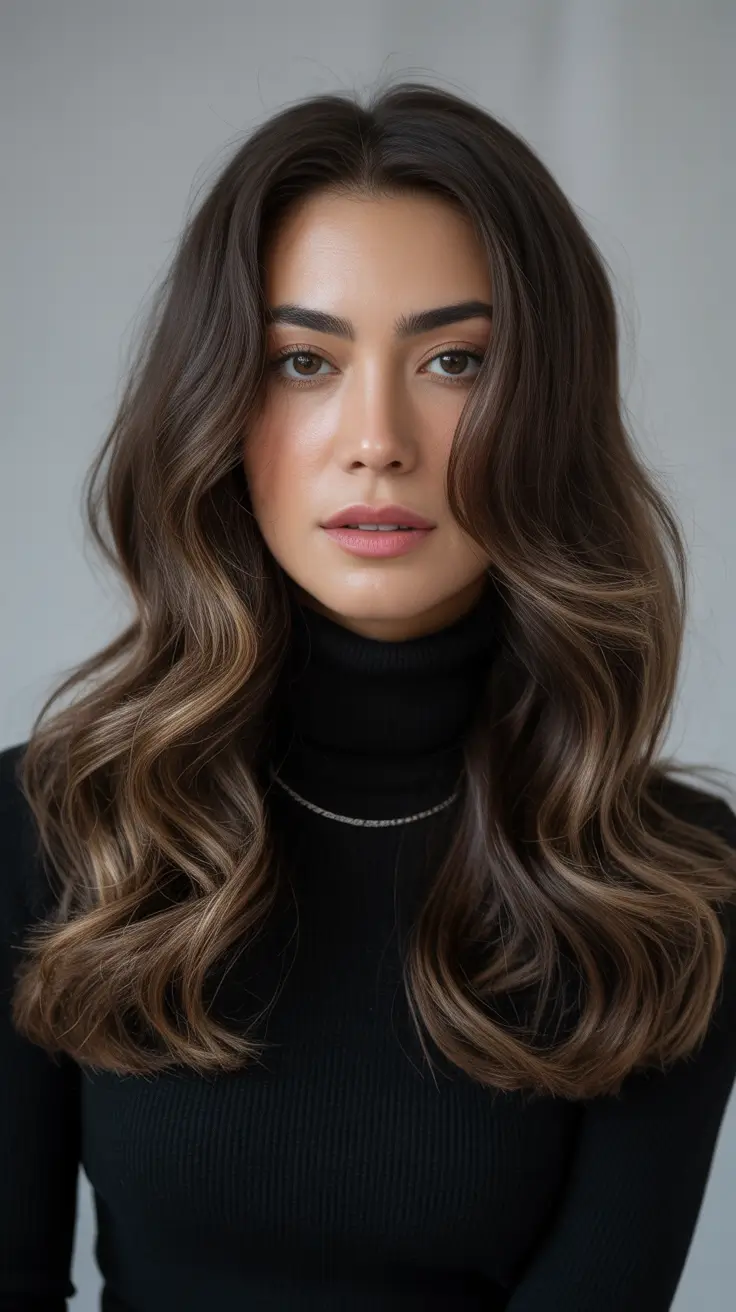 winter hair colors for brunettes - Soft Mocha Waves With Latte Lights