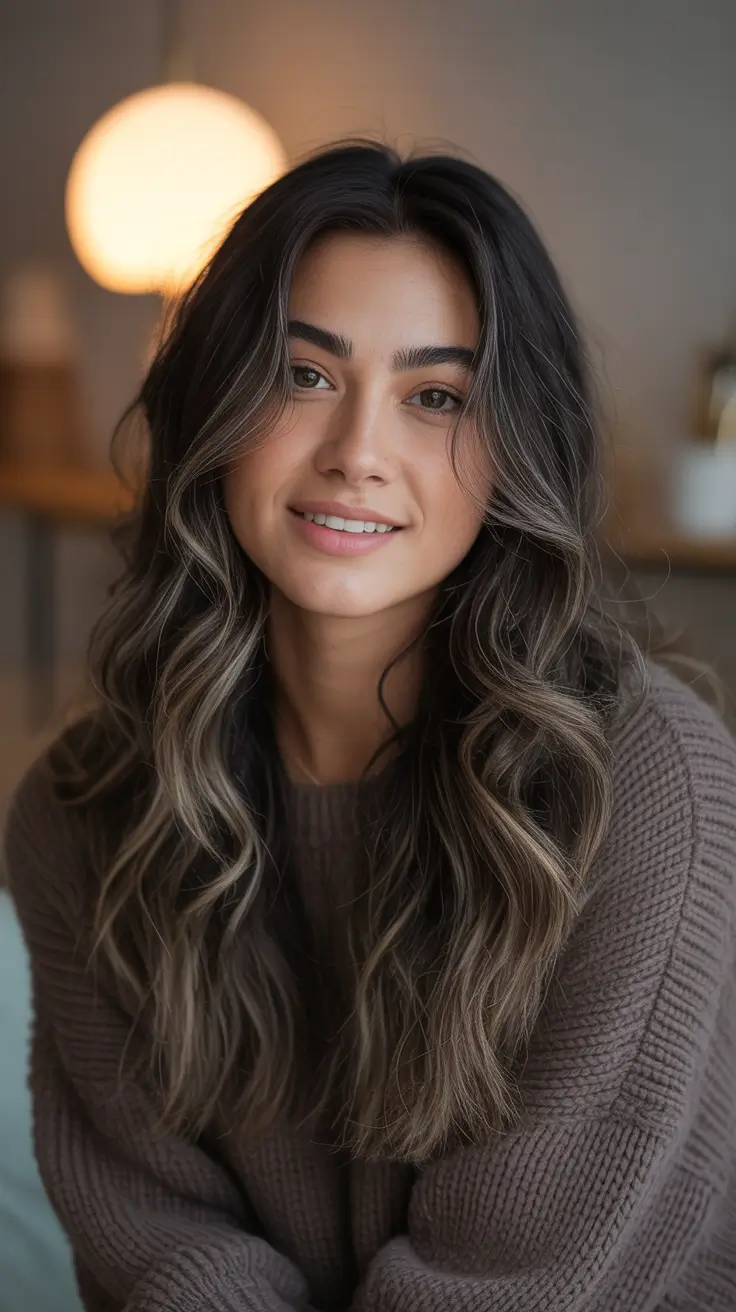winter hair colors for brunettes ideas 2025 - 2026 - Smoky mushroom ribbons with a soft money piece