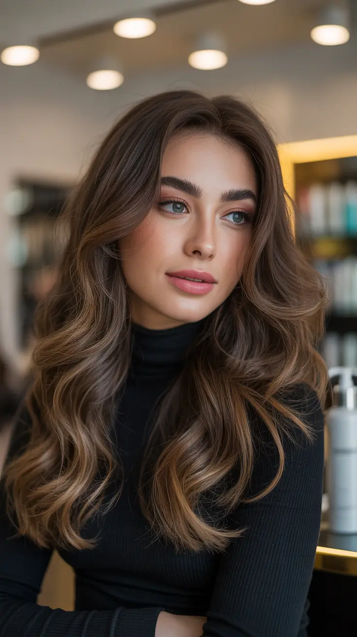 winter hair colors for brunettes ideas 2025 - 2026 - Mocha melt balayage on long layers