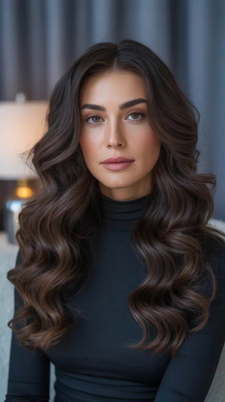 winter hair colors for brunettes - Glossy Espresso Waves With Candlelit Ends