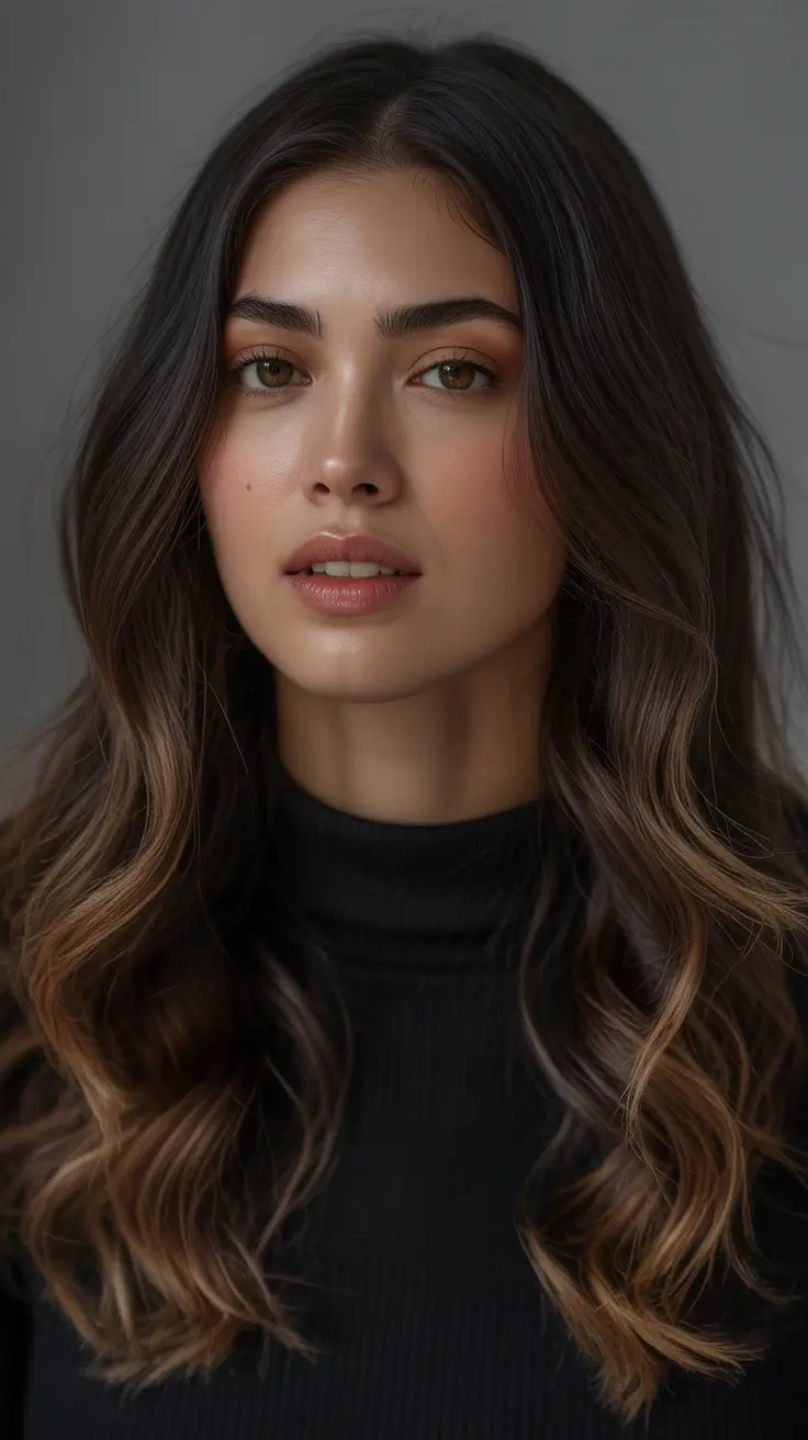 winter hair colors for brunettes - Rooted Brunette With Soft Toffee Balayage