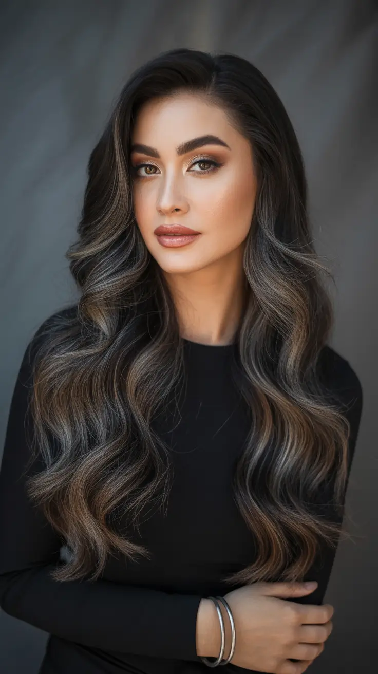 winter hair colors for brunettes ideas 2025 - 2026 - Cool mocha ribbons on long waves