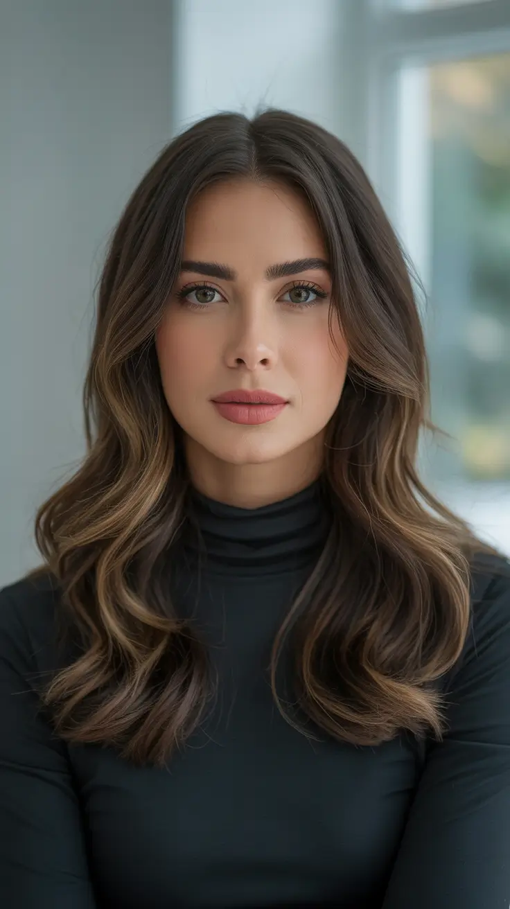Caramel contouring on shoulder-length hair—perfect winter look for brunettes.