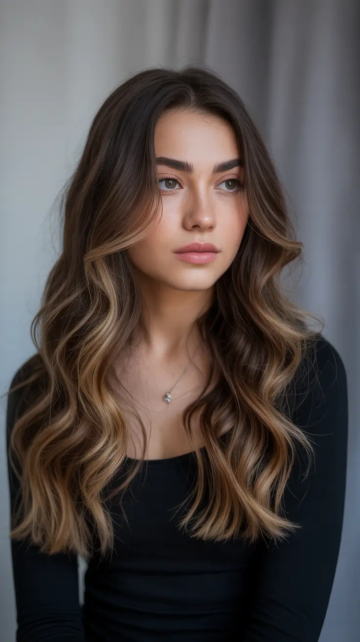 Winter hair color for brunettes ideas 2025-2026 - honey-toffee balayage with soft money piece