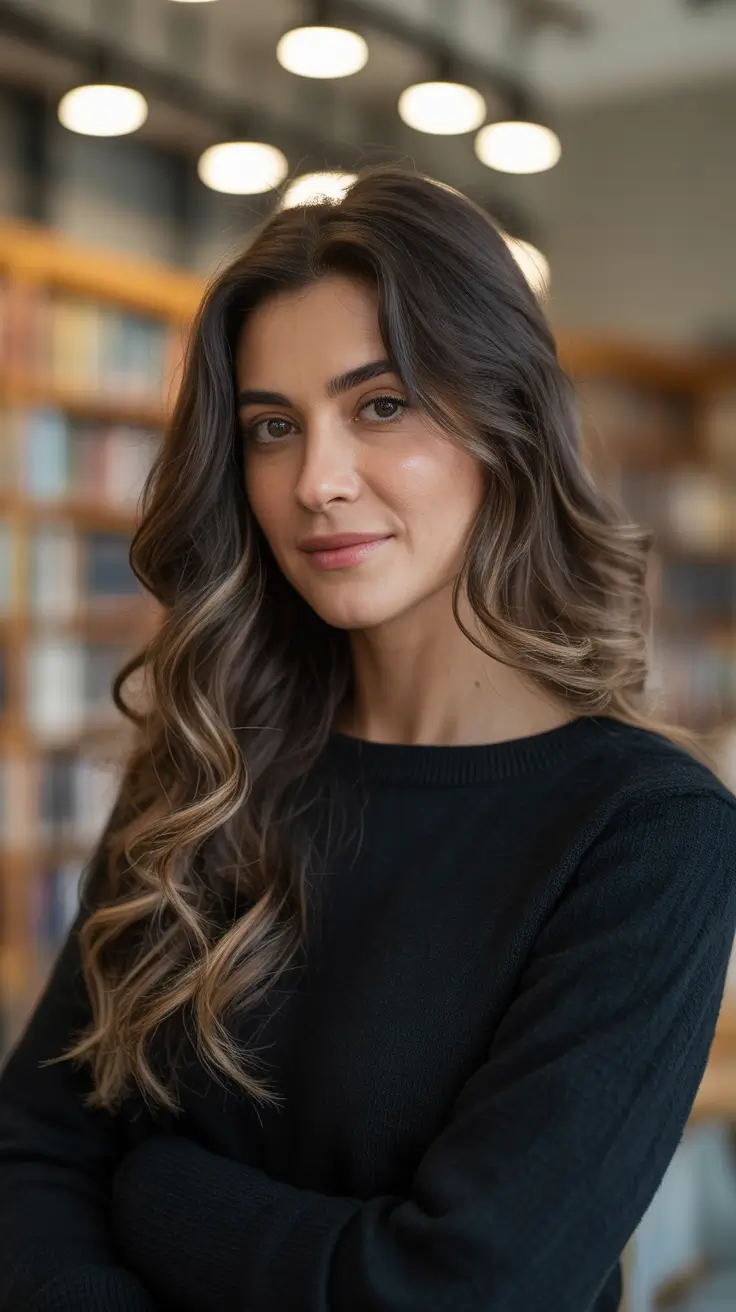winter hair colors for brunettes - Espresso Base With Caramel Ribbon Balayage