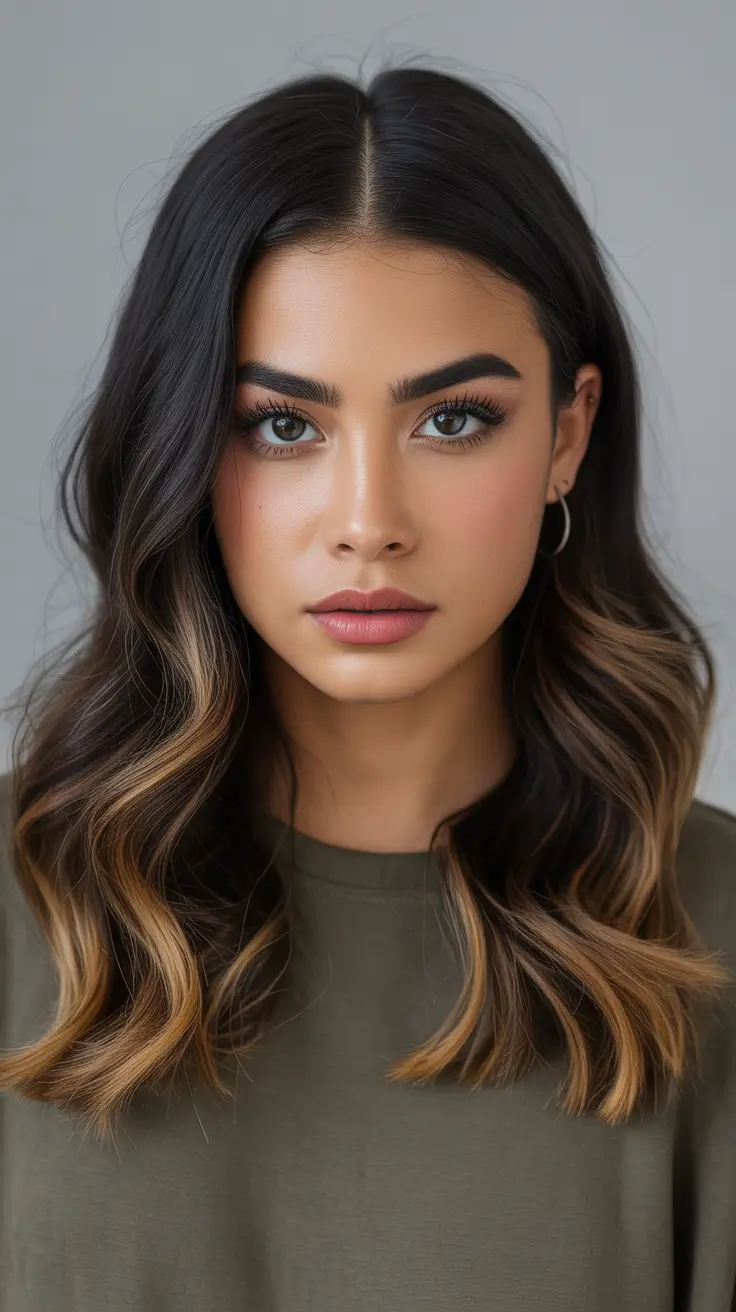 winter hair colors for brunettes - Shoulder-Length Brunette With Face-Framing Honey