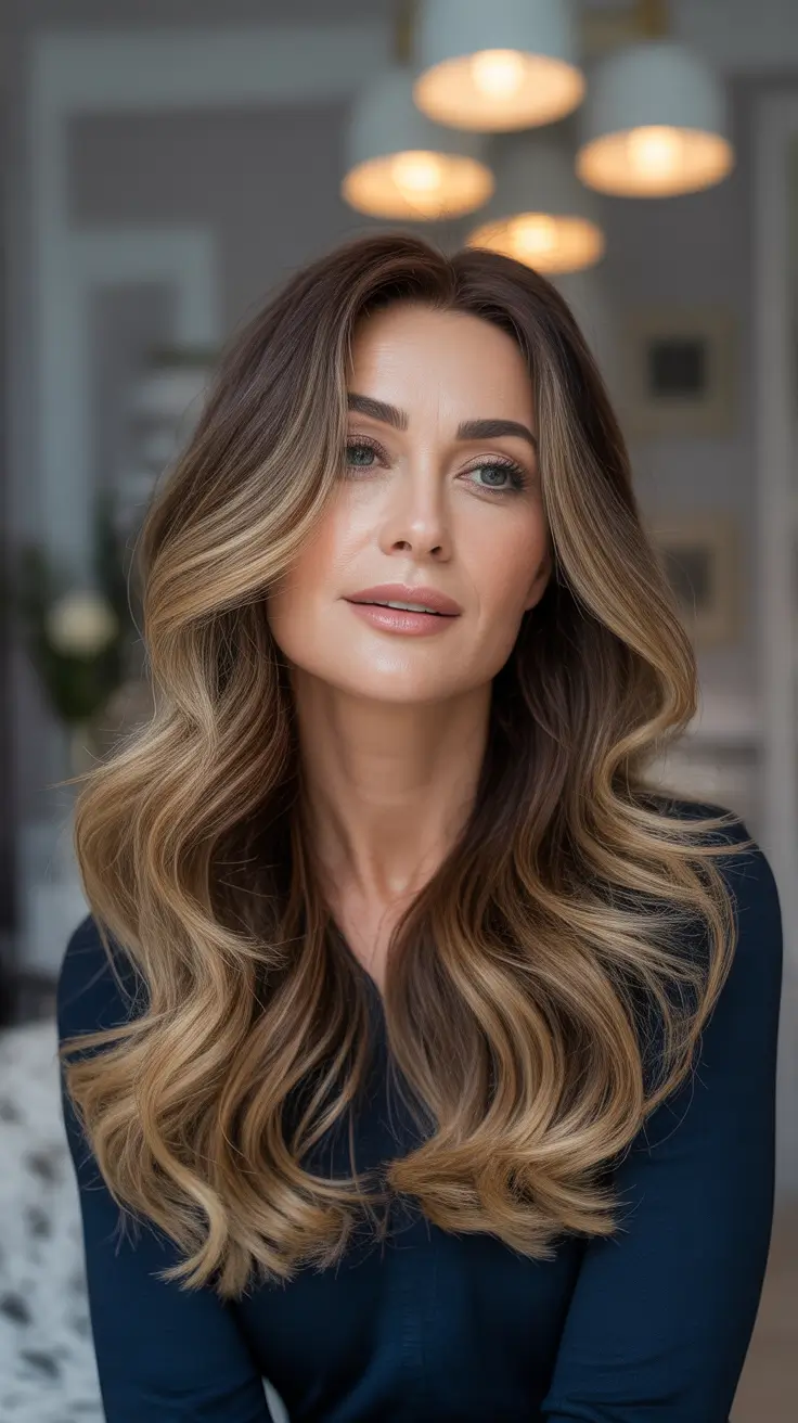 winter hairstyles and color for women over 40 - Long Espresso Waves With Honey-Bronde Balayage