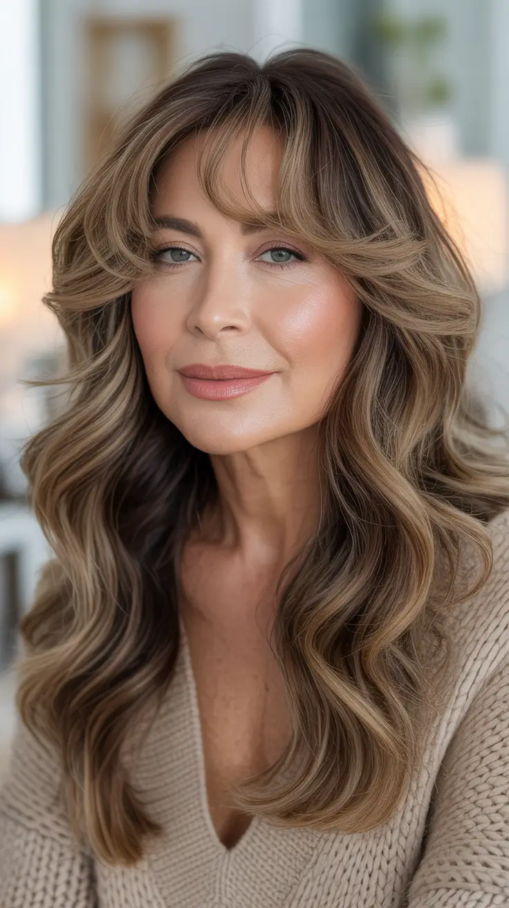 winter hairstyles and color for women over 40 - Soft Brunette Waves With Curtain Bangs