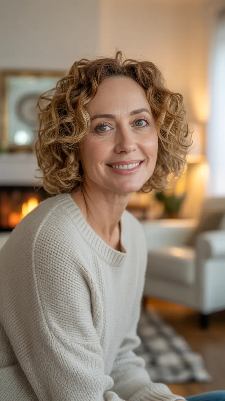 winter hairstyles and color for women over 40 - Cozy Curly Bob With Honey Definition