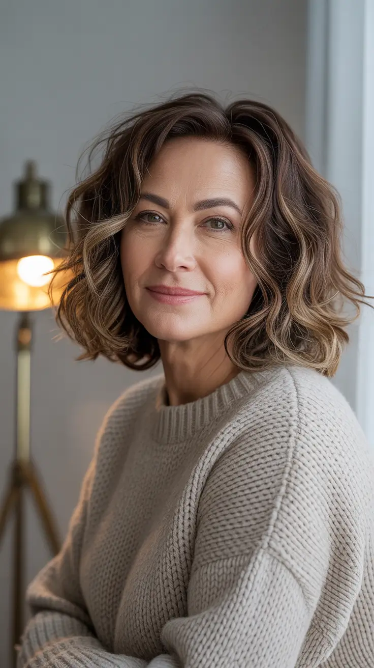 winter hairstyles and color for women over 40 - Soft Warm Wavy Bob With Chocolate Ribbons