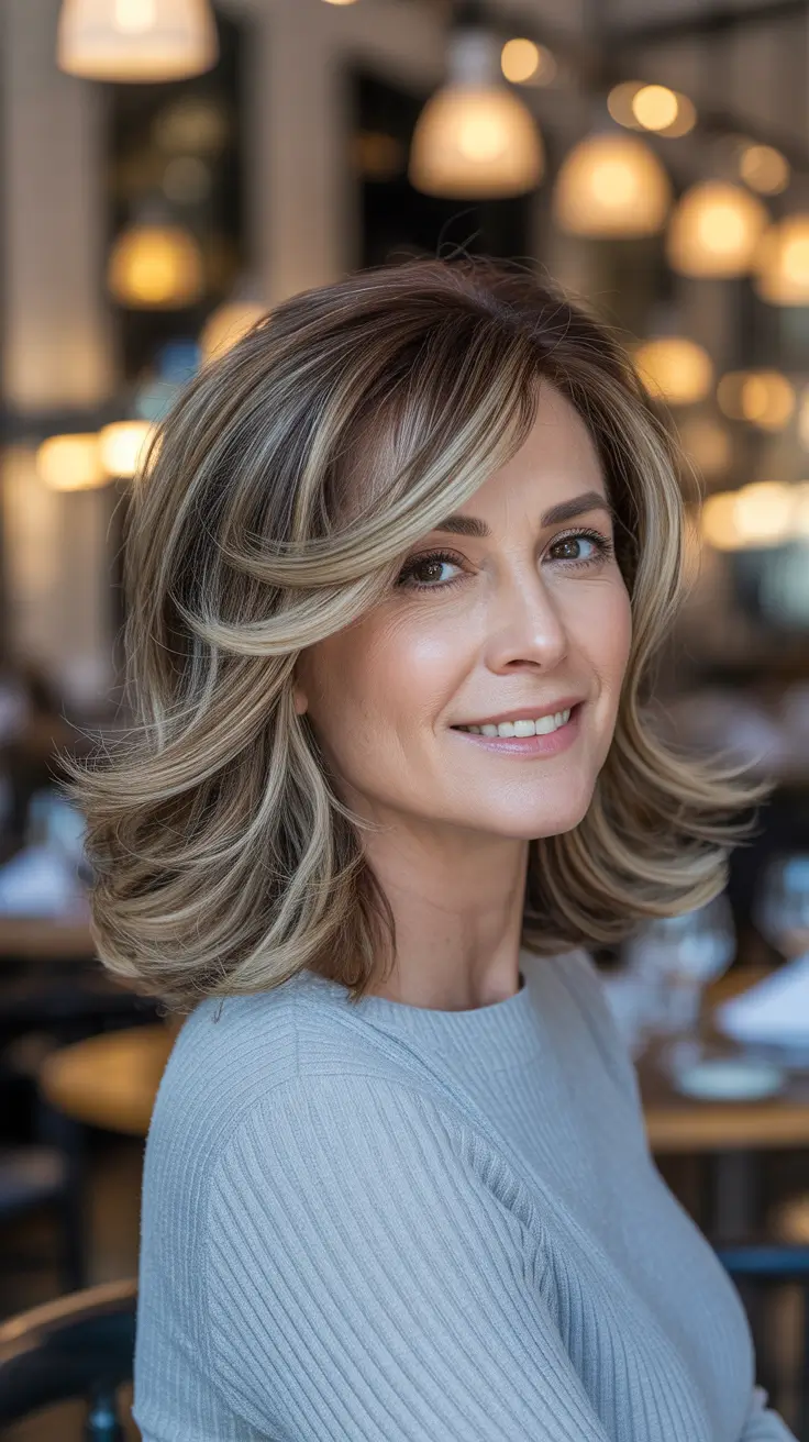 winter hairstyles and color for women over 40 - Feathered Shoulder-Length Layers With Champagne Lights